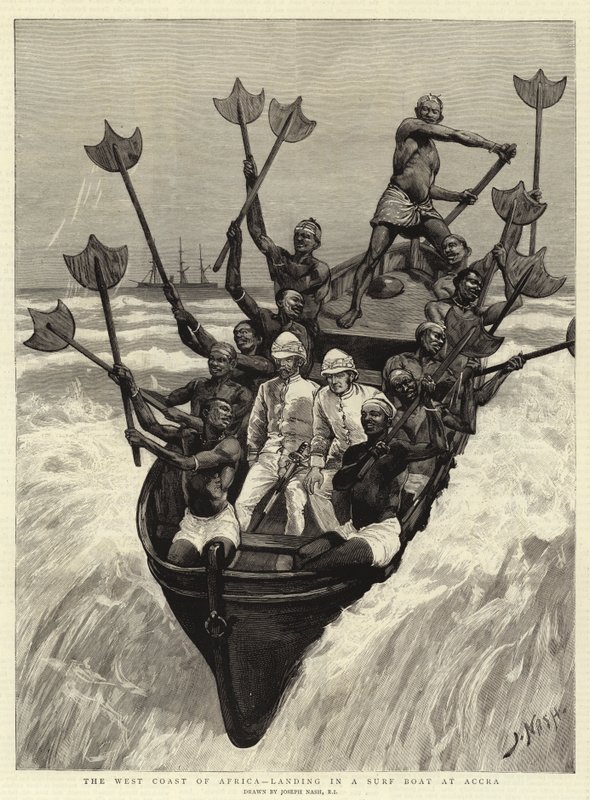 Vestkysten av Afrika, lander i en surfebåt ved Accra av Joseph Nash