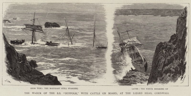 Vraket av SS Suffolk, med storfe om bord, ved Lizard Head, Cornwall av Joseph Nash