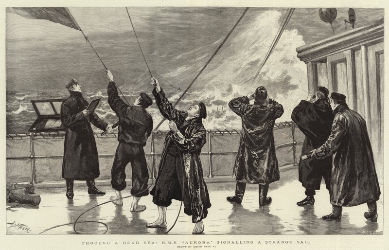 Gjennom et Head Sea signaliserer H M S Aurora et merkelig seil av Joseph Nash