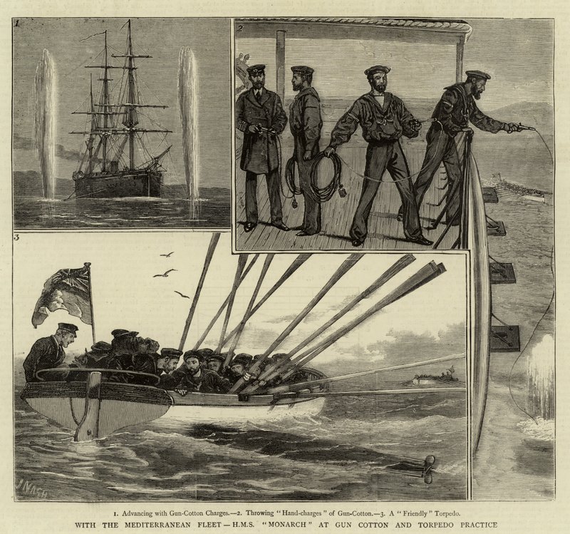 Med Middelhavsflåten, HMS Monarch ved Gun Cotton og Torpedo Practice av Joseph Nash