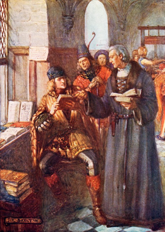 Adelsmenn besøker William Caxtons trykkeri av Joseph Ratcliffe Skelton