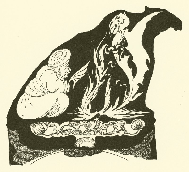 Djinnen startet magien som brakte humfen til kamelen (gravering) av Joseph Rudyard (after) Kipling