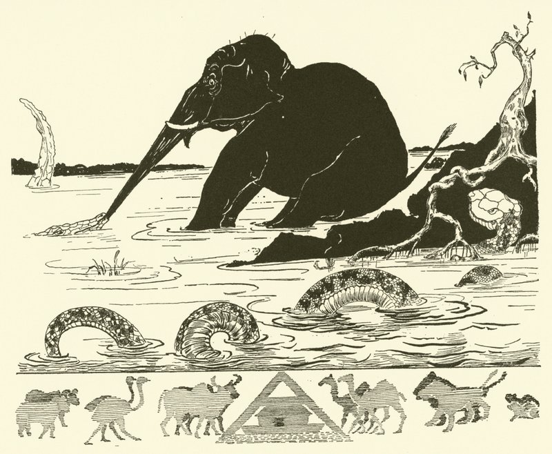 Elefantens barn får nesen trukket av krokodillen (gravering) av Joseph Rudyard (after) Kipling