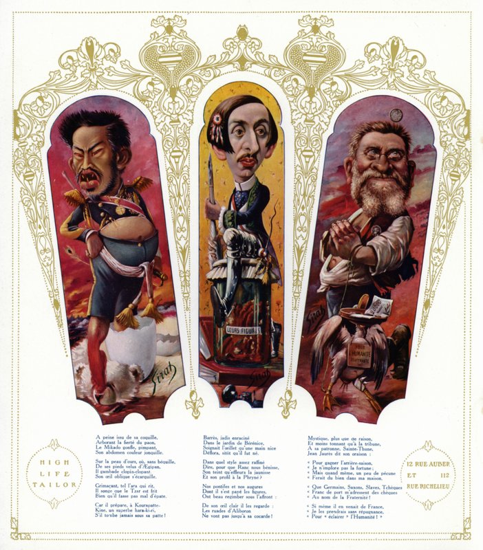 Karikaturer: Meiji-keiseren av Japan; Maurice Barres, fransk forfatter og nasjonalistisk politiker; Jean Jaures , fransk politiker (farge litho) av Joseph Sirat