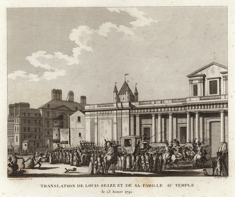 Folkemengder samles rundt vognen som frakter Louis XVI og hans familie av Joseph Swebach Desfontaines