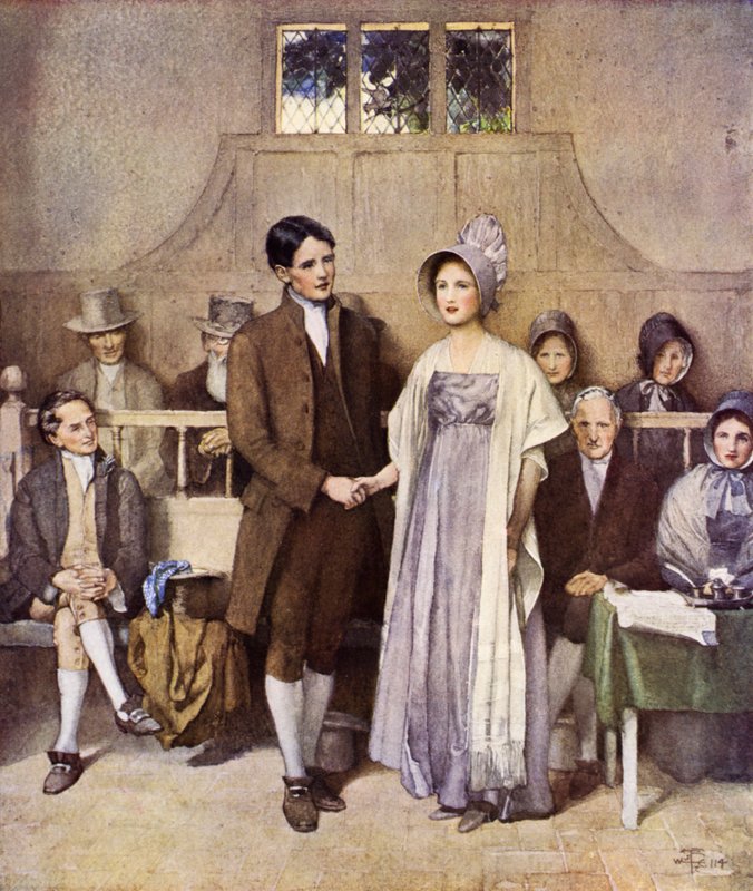 Et Quaker-bryllup, kjærlighet og lojalitet (litho-farge) av Joseph Walter West