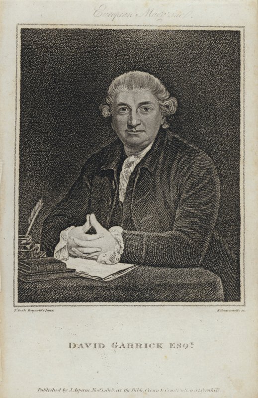 David Garrick , engelsk skuespiller, dramatiker og teatersjef (gravering) av Joshua (after) Reynolds