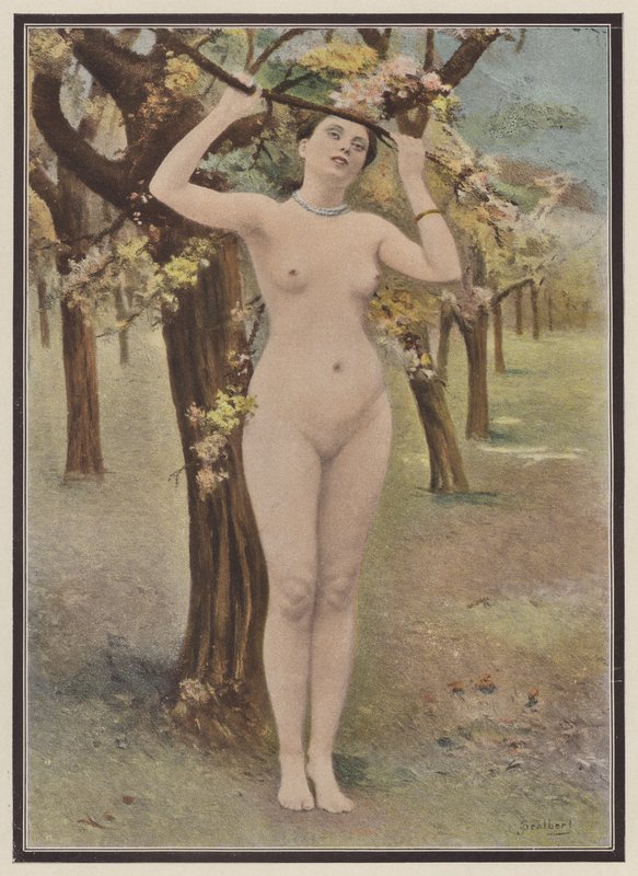 Vår, kvinne med treblomst (farge litho) av Jules (after) Scalbert