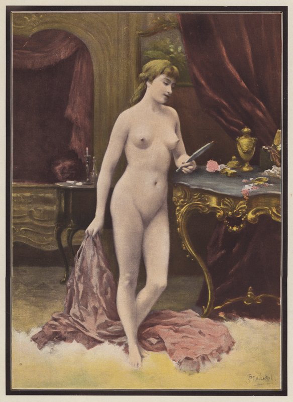 Kvinne med speil (farge litho) av Jules (after) Scalbert
