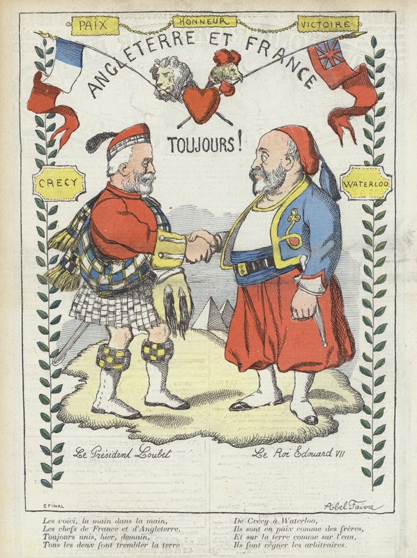 Kong Edward VIIs besøk i Frankrike. Illustrasjon for Le Rire av Jules Abel Faivre