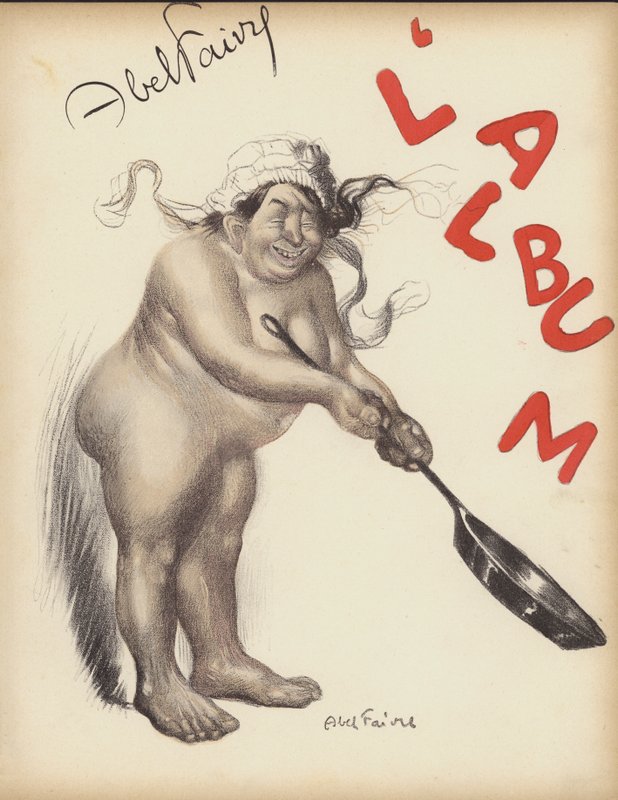 Naken kokk kaster bokstavene som staver L'Album i en stekepanne (farge litho) av Jules Abel Faivre