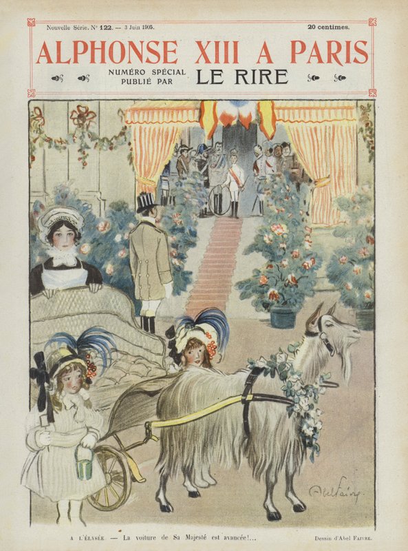 Besøk av kong Alfonso XIII av Spania til Paris. Illustrasjon for Le Rire av Jules Abel Faivre