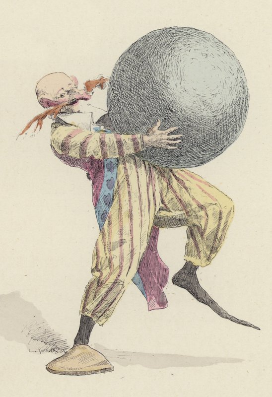 Klovn holder stor ball (farge litho) av Jules Arsene (after) Garnier