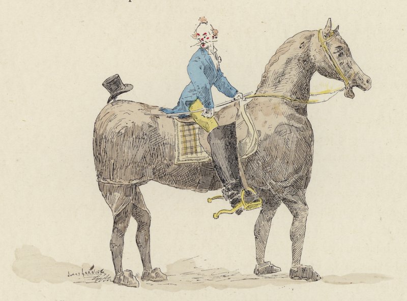 Klovn på kostymehest (farge litho) av Jules Arsene (after) Garnier