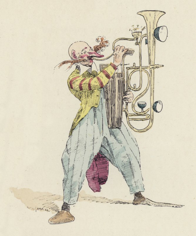 Klovn spiller et uvanlig musikkinstrument (farge litho) av Jules Arsene (after) Garnier