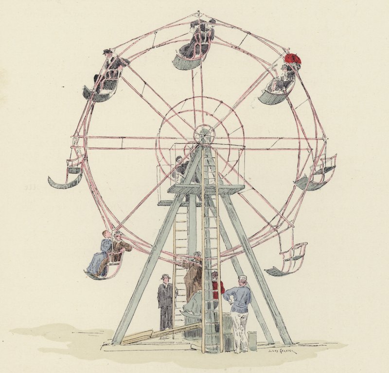 Fairground hjul (farge litho) av Jules Arsene (after) Garnier