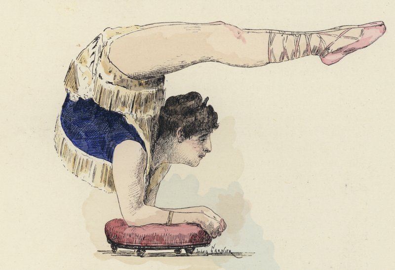 Kvinnelig gymnast gjør albuestativ (farge litho) av Jules Arsene (after) Garnier