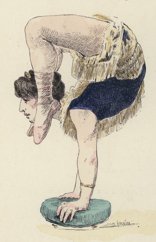 Kvinnelig gymnast gjør håndstående (farge litho) av Jules Arsene (after) Garnier