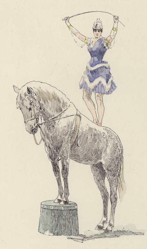 Gymnast stående på ryggen til en hest (farge litho) av Jules Arsene (after) Garnier