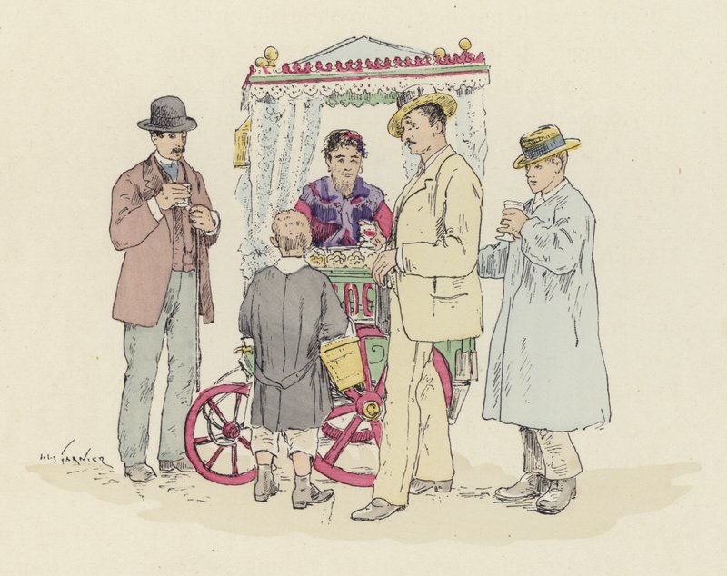 Lemonadeselger på messen (farge litho) av Jules Arsene (after) Garnier