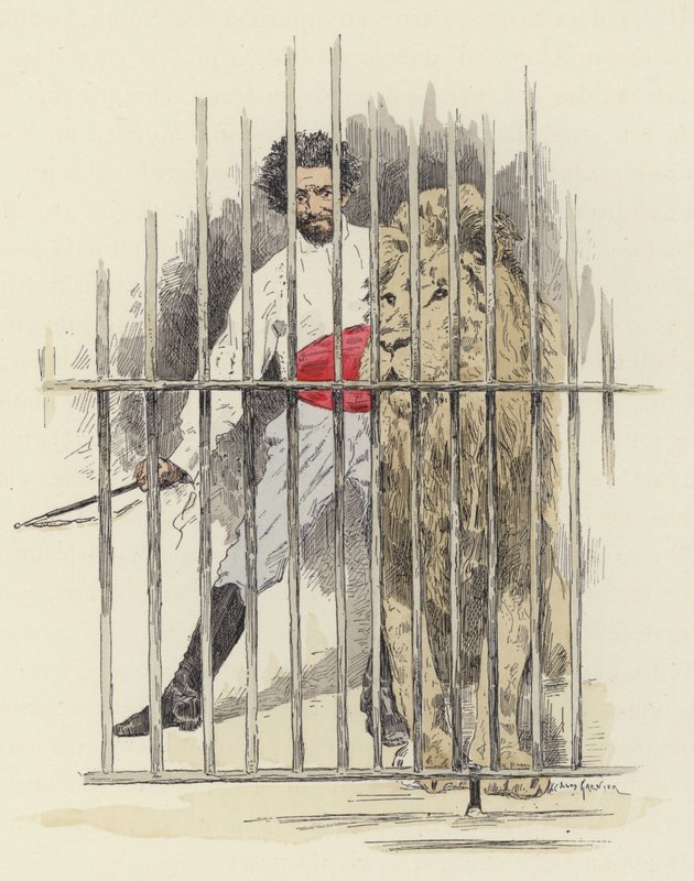 Løve og løvetemmer i et bur (farge litho) av Jules Arsene (after) Garnier