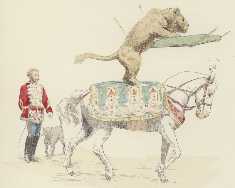 Løve balanserer på hest (farge litho) av Jules Arsene (after) Garnier