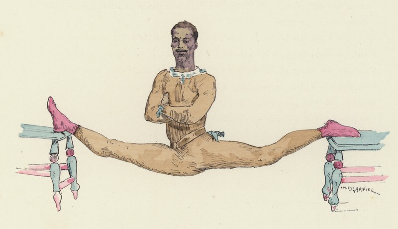 Mannlig turner som gjør splittene (farge litho) av Jules Arsene (after) Garnier