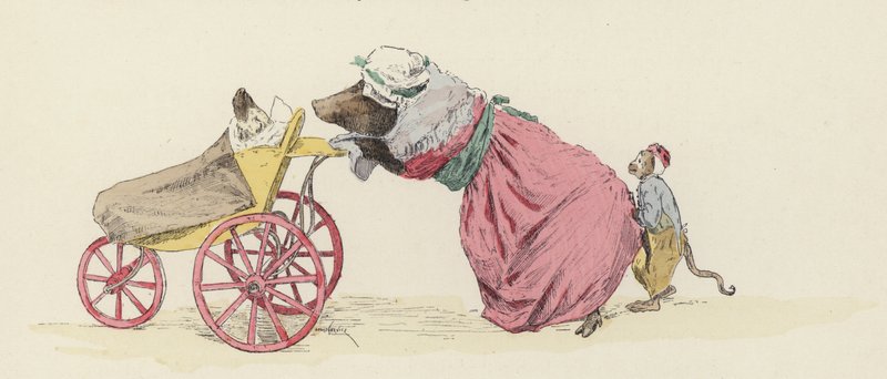 Gris dytter en hund i barnevogn, med en ape bak (farge litho) av Jules Arsene (after) Garnier