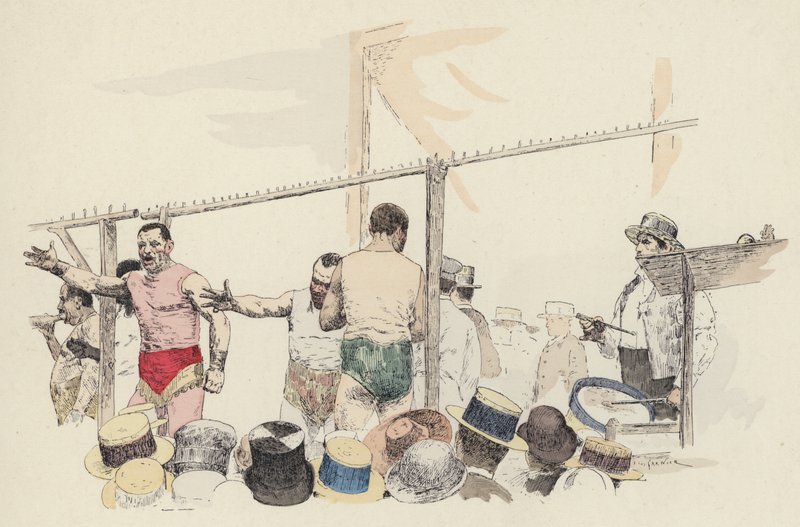 Sideshow på messen (farge litho) av Jules Arsene (after) Garnier