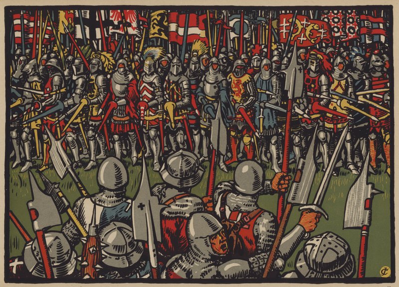 Sveitsernes seier over østerrikerne i slaget ved Sempach, 9. juli 1386 (farge litho) av Jules Courvoisier