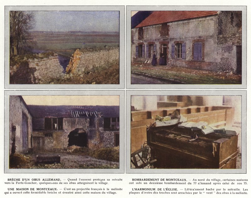 Brudd på et tysk skjell, bombardement av Montceaux, Et hus av Montceaux, kirkens harmonium av Jules Gervais Courtellemont