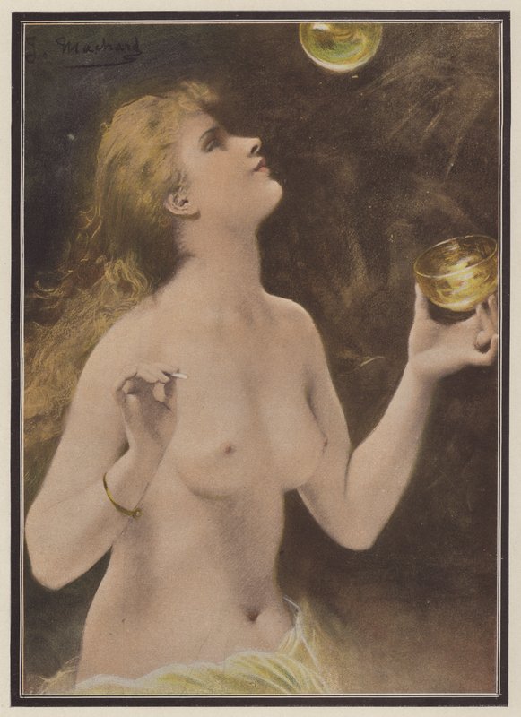 Kvinne som blåser såpebobler (farge litho) av Jules Louis Machard