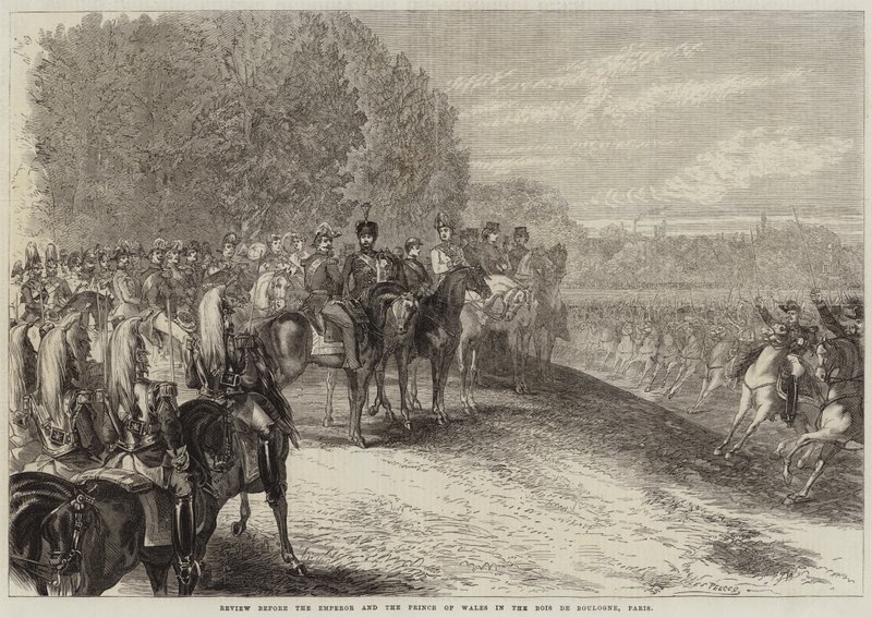 Gjennomgang før keiseren og prinsen av Wales i Bois de Boulogne, Paris av Jules Pelcoq
