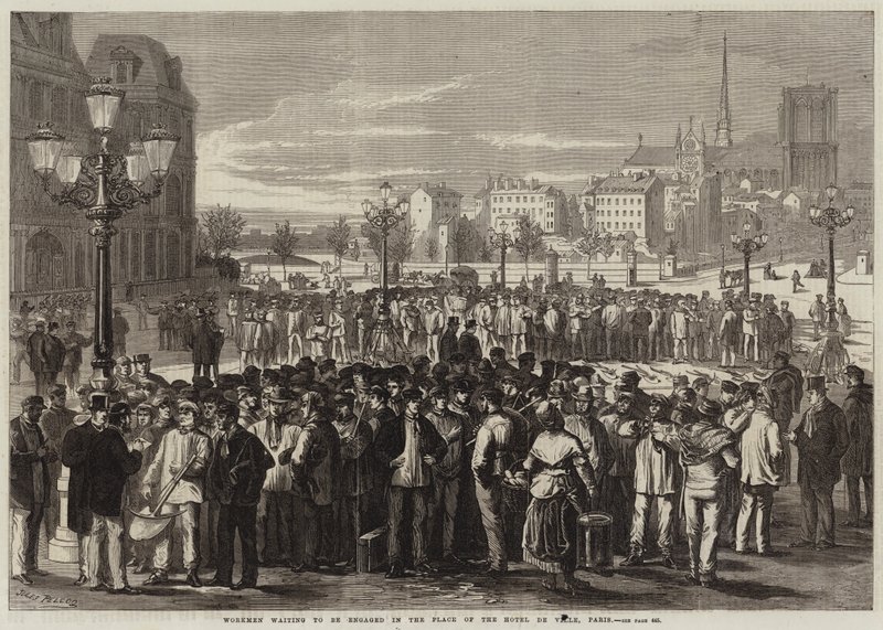 Arbeidere som venter på å bli engasjert på Place of the Hotel de Ville, Paris av Jules Pelcoq