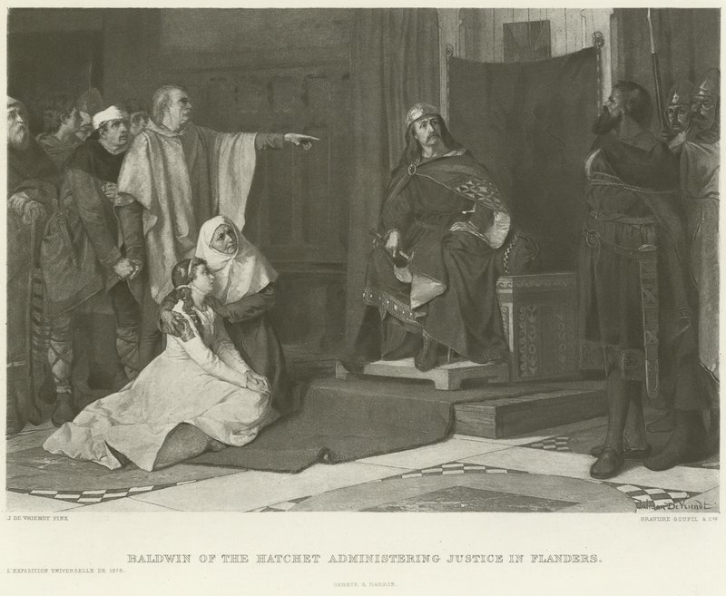 Baldwin of the Hatchet administrerer rettferdighet i Flandern (gravyr) av Juliaan de Vriendt