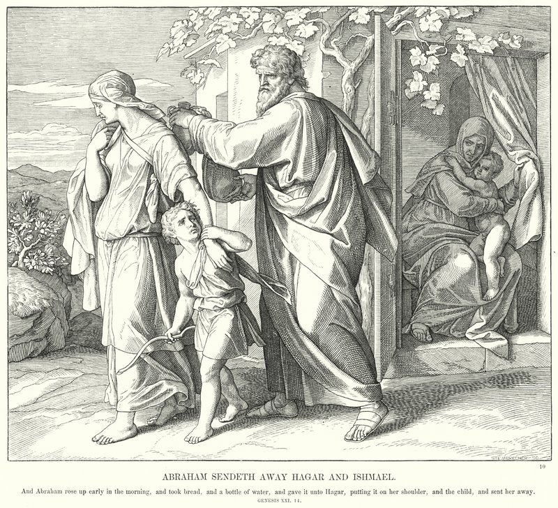 Abraham sender bort Hagar og Ismael (gravering) av Julius (after) Schnorr von Carolsfeld