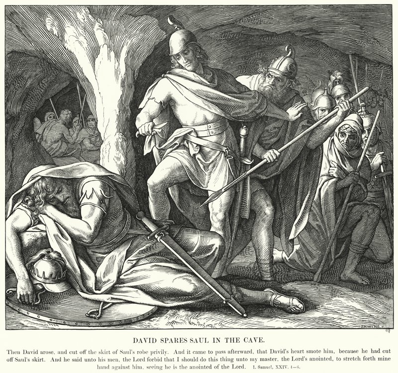 David sparer Saul i hulen (gravering) av Julius (after) Schnorr von Carolsfeld