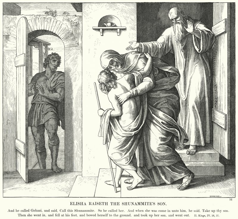 Elisa oppdrar Sunemmittens sønn (gravering) av Julius (after) Schnorr von Carolsfeld