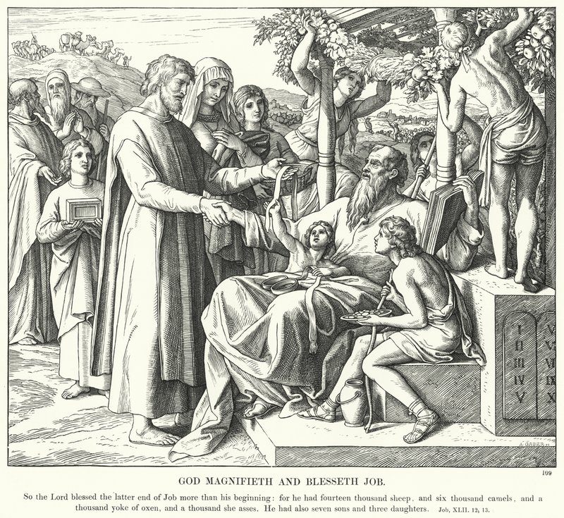Gud opphøyer og velsigner Job (gravering) av Julius (after) Schnorr von Carolsfeld
