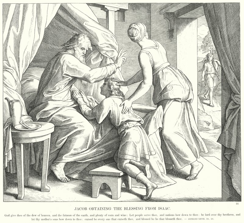 Jakob får velsignelsen fra Isak (gravering) av Julius (after) Schnorr von Carolsfeld