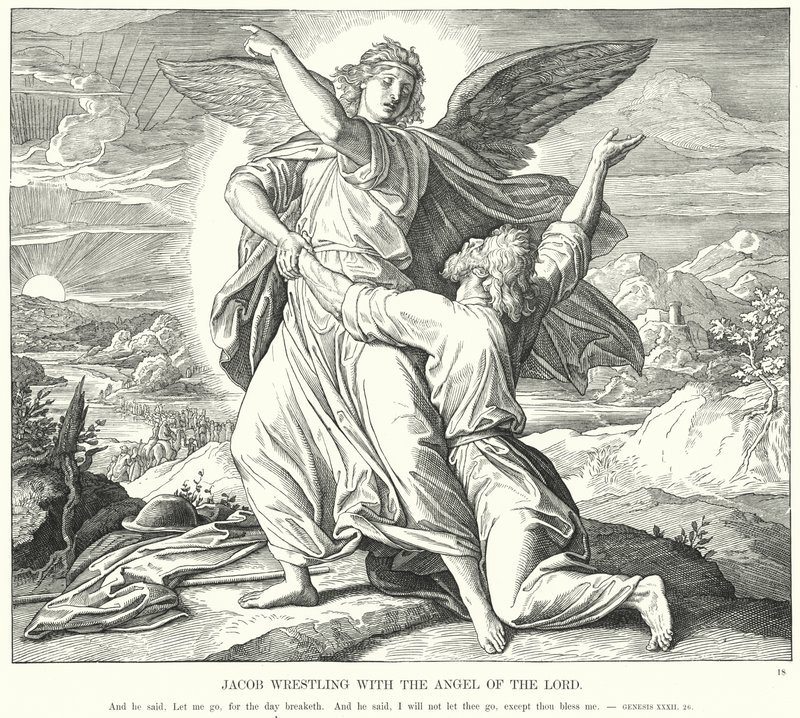 Jakob som bryter med Herrens engel (gravering) av Julius (after) Schnorr von Carolsfeld