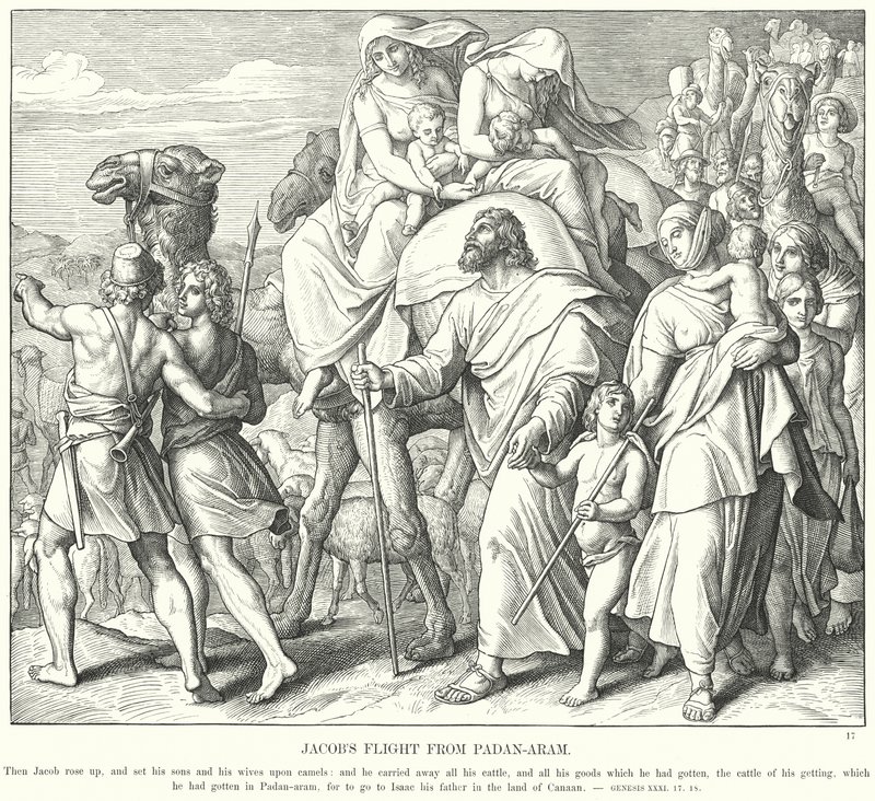 Jakobs flukt fra Padan-Aram (gravering) av Julius (after) Schnorr von Carolsfeld