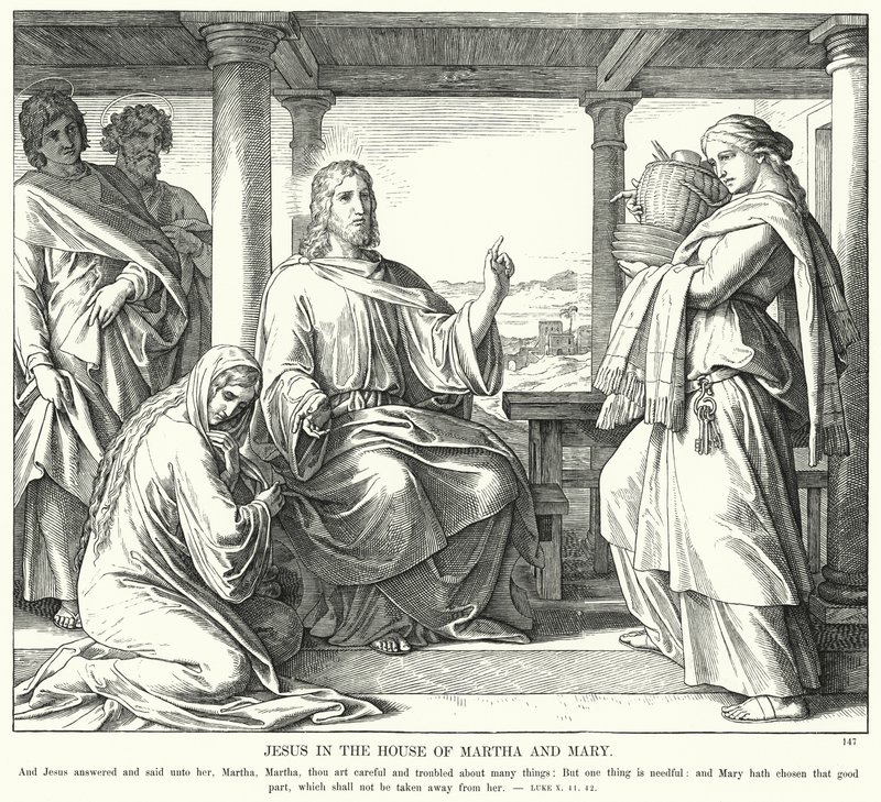 Jesus i huset til Marta og Maria (gravering) av Julius (after) Schnorr von Carolsfeld