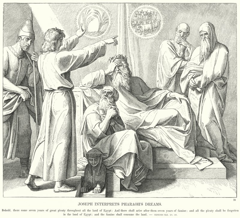 Josef tolker faraos drømmer (gravering) av Julius (after) Schnorr von Carolsfeld