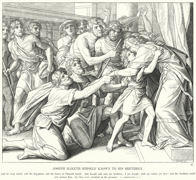 Joseph gjør seg kjent for sine brødre (gravering) av Julius (after) Schnorr von Carolsfeld