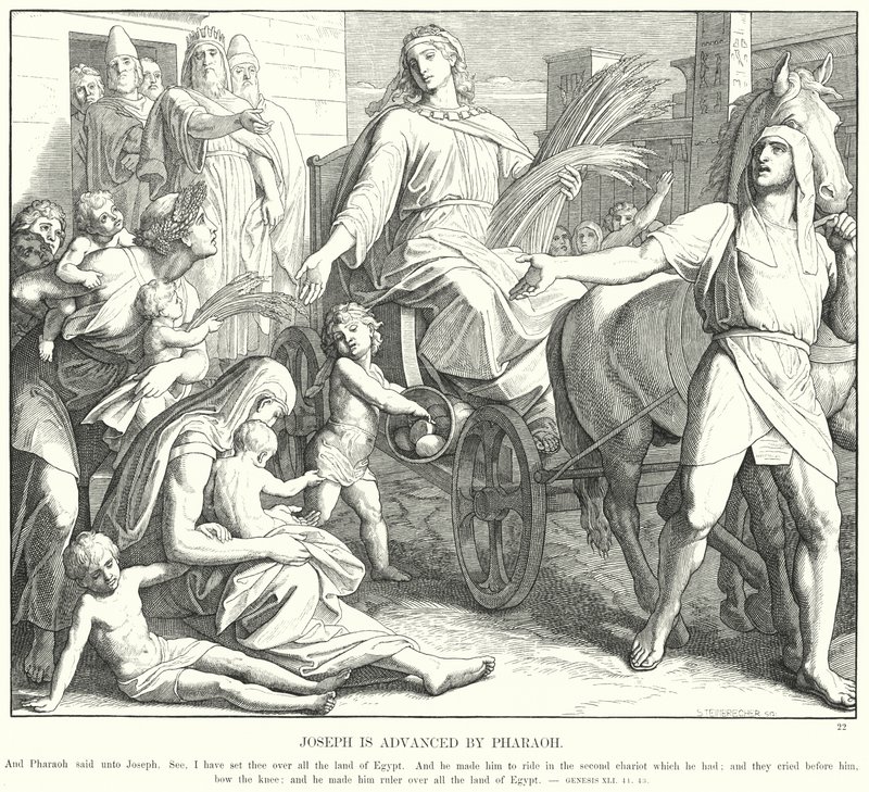 Josef er avansert av farao (gravering) av Julius (after) Schnorr von Carolsfeld