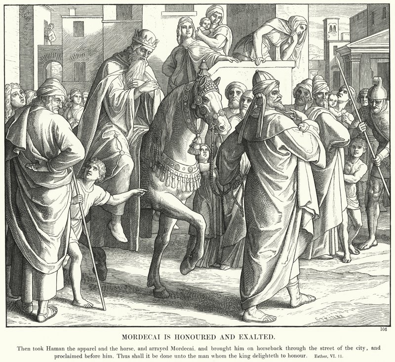 Mordekai er æret og opphøyet (gravering) av Julius (after) Schnorr von Carolsfeld
