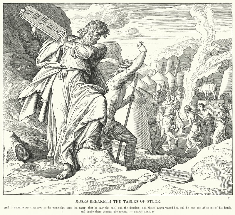 Moses bryter steintavlene (gravering) av Julius (after) Schnorr von Carolsfeld