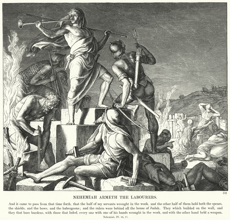 Arbeiderne Nehemiah Armeth (gravering) av Julius (after) Schnorr von Carolsfeld