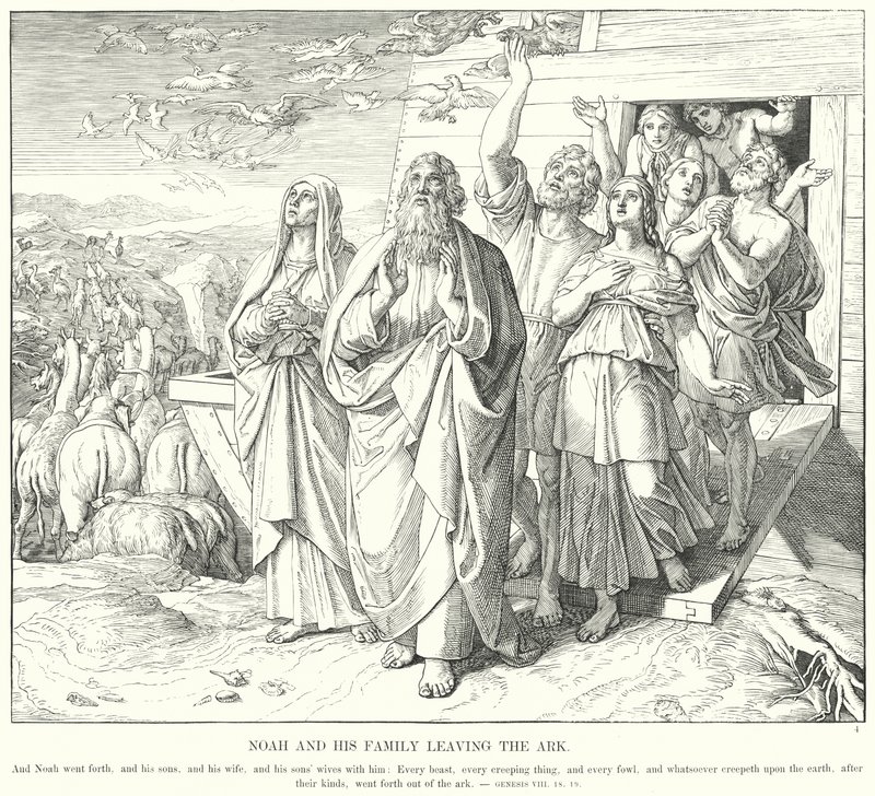 Noah og hans familie forlater arken (gravering) av Julius (after) Schnorr von Carolsfeld
